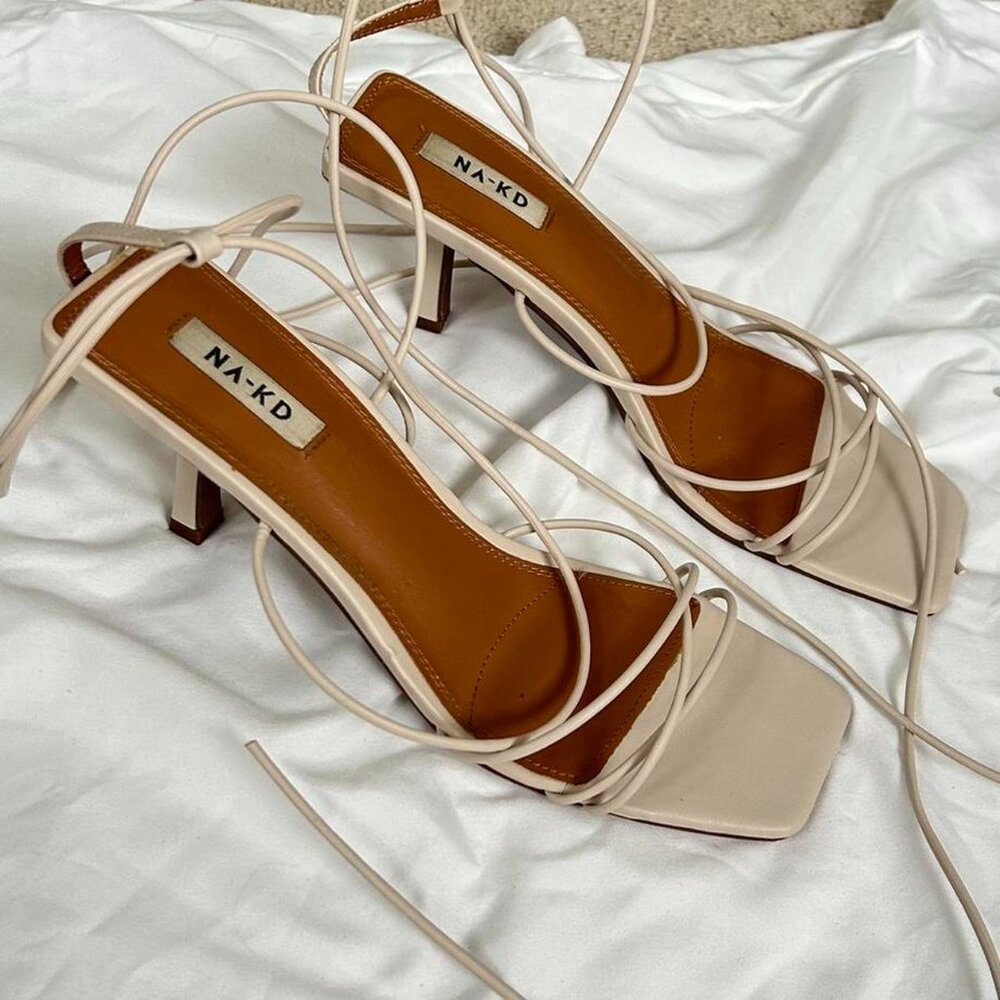 NA-KD cream strappy leather kitten heel with lace up detailing #glamour
